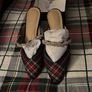 Talbots Red and Green Plaid Pointed-Toe Slip-On Mules with Crystal Strap